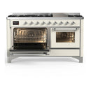 ILVE Majestic III 60-inch Dual Fuel Range with 7 Natural Gas Burner, Griddle and Triple Glass Door Electric Oven in Antique White with Chrome Trim (UM60FNR3AWC)