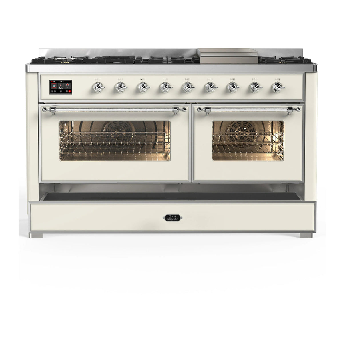 Antique white dual fuel range with two closed oven doors and chrome trim