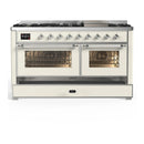ILVE Majestic III 60-inch Dual Fuel Range with 7 Natural Gas Burner, Griddle and Triple Glass Door Electric Oven in Antique White with Chrome Trim (UM60FNR3AWC)