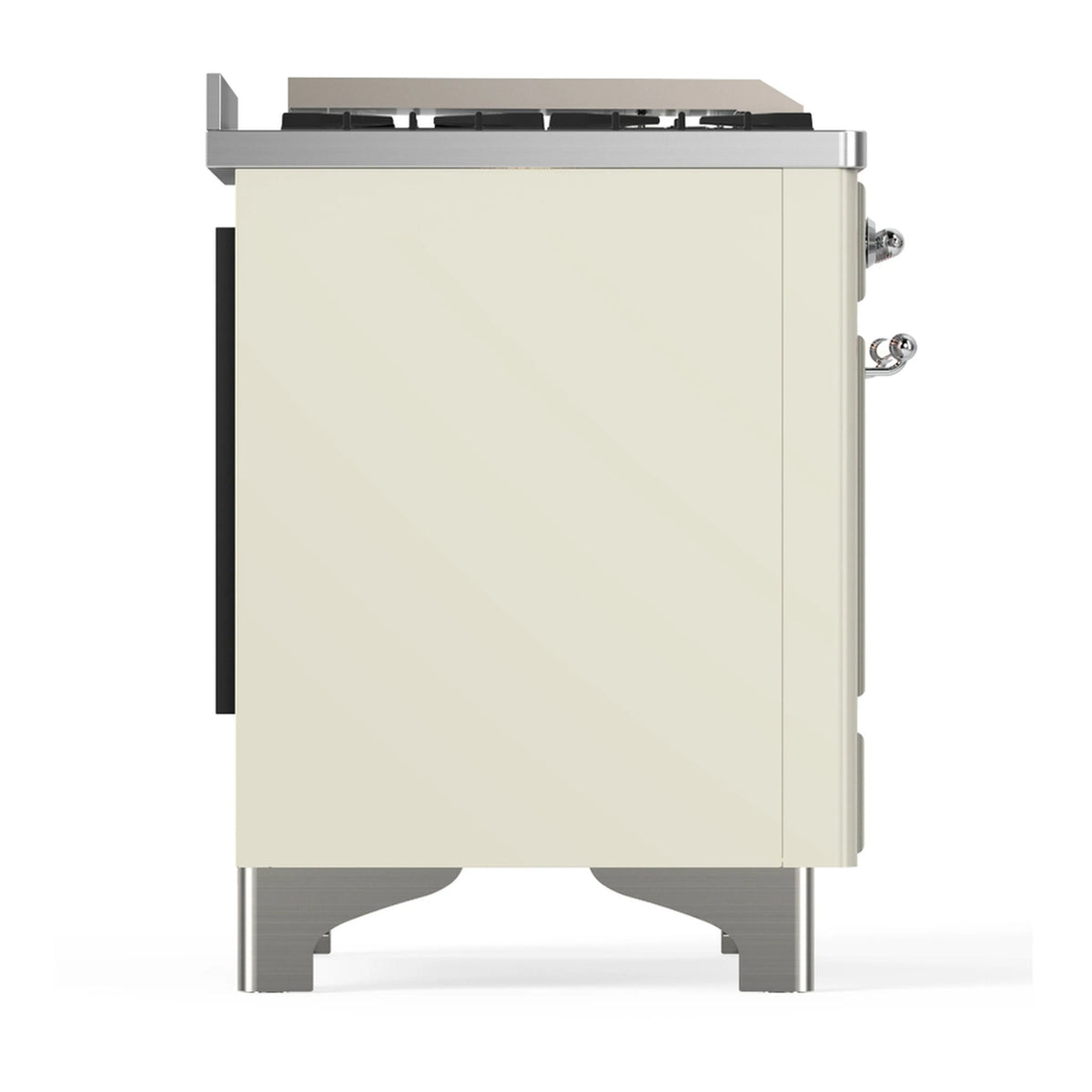Antique white range back/side panel with chrome handle and black vented section