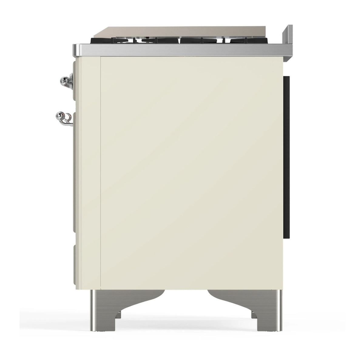 Antique white range side panel with chrome legs, side handles, and black cutouts