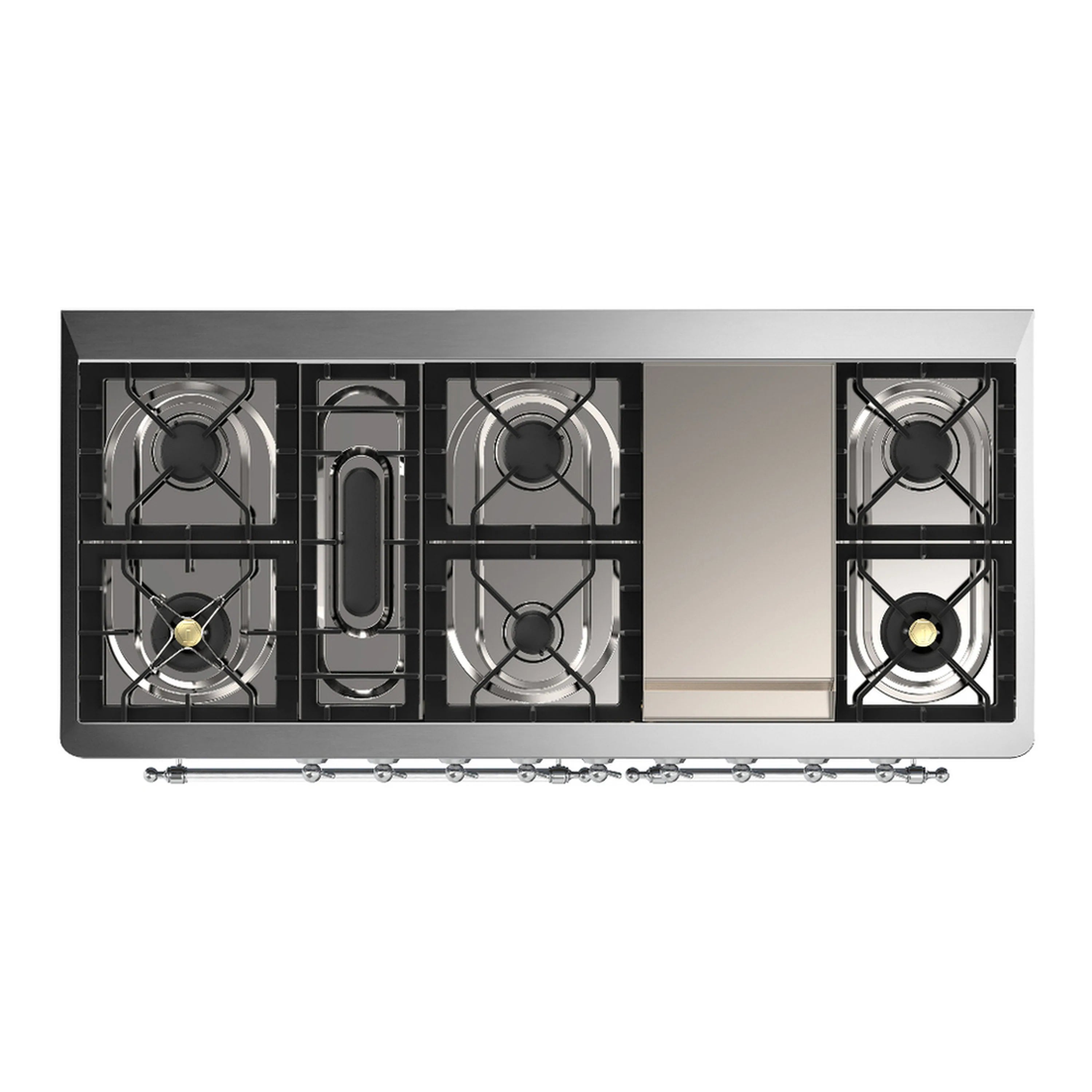Dual fuel range cooktop with black burner grates and chrome burner rings