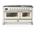 ILVE Majestic III 60-inch Dual Fuel Range with 7 Natural Gas Burner, Griddle and Triple Glass Door Electric Oven in Antique White with Chrome Trim (UM60FNR3AWC)