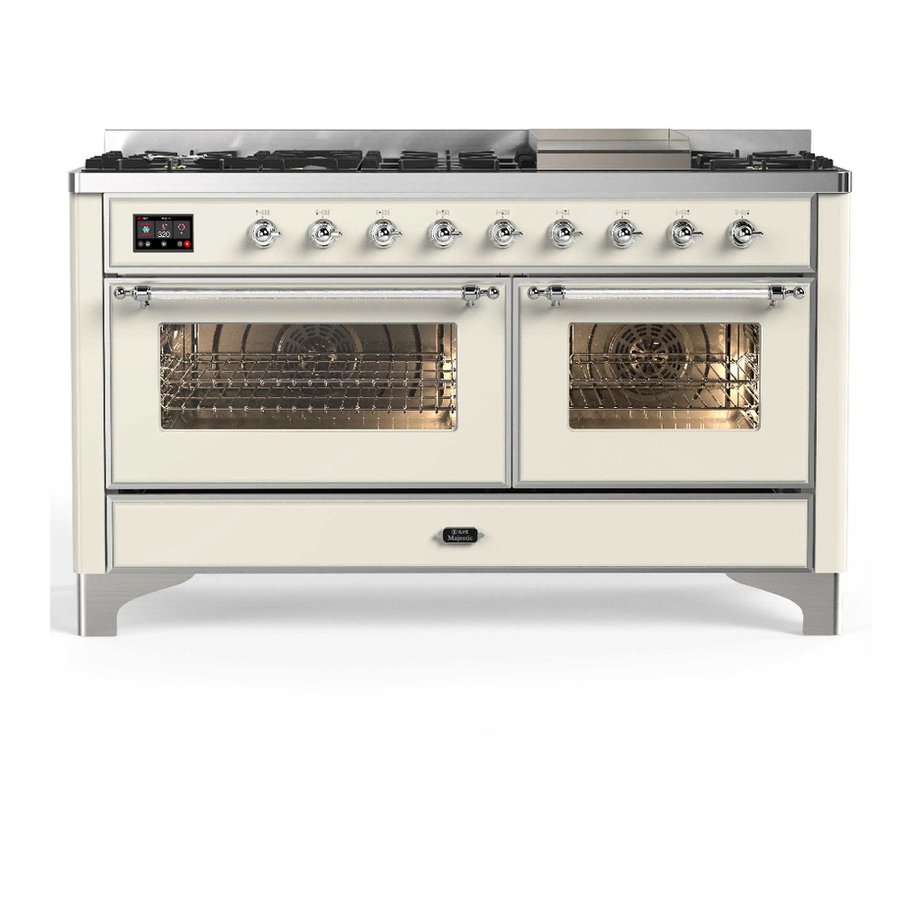 Antique white dual fuel range with both ovens open and chrome handle bars