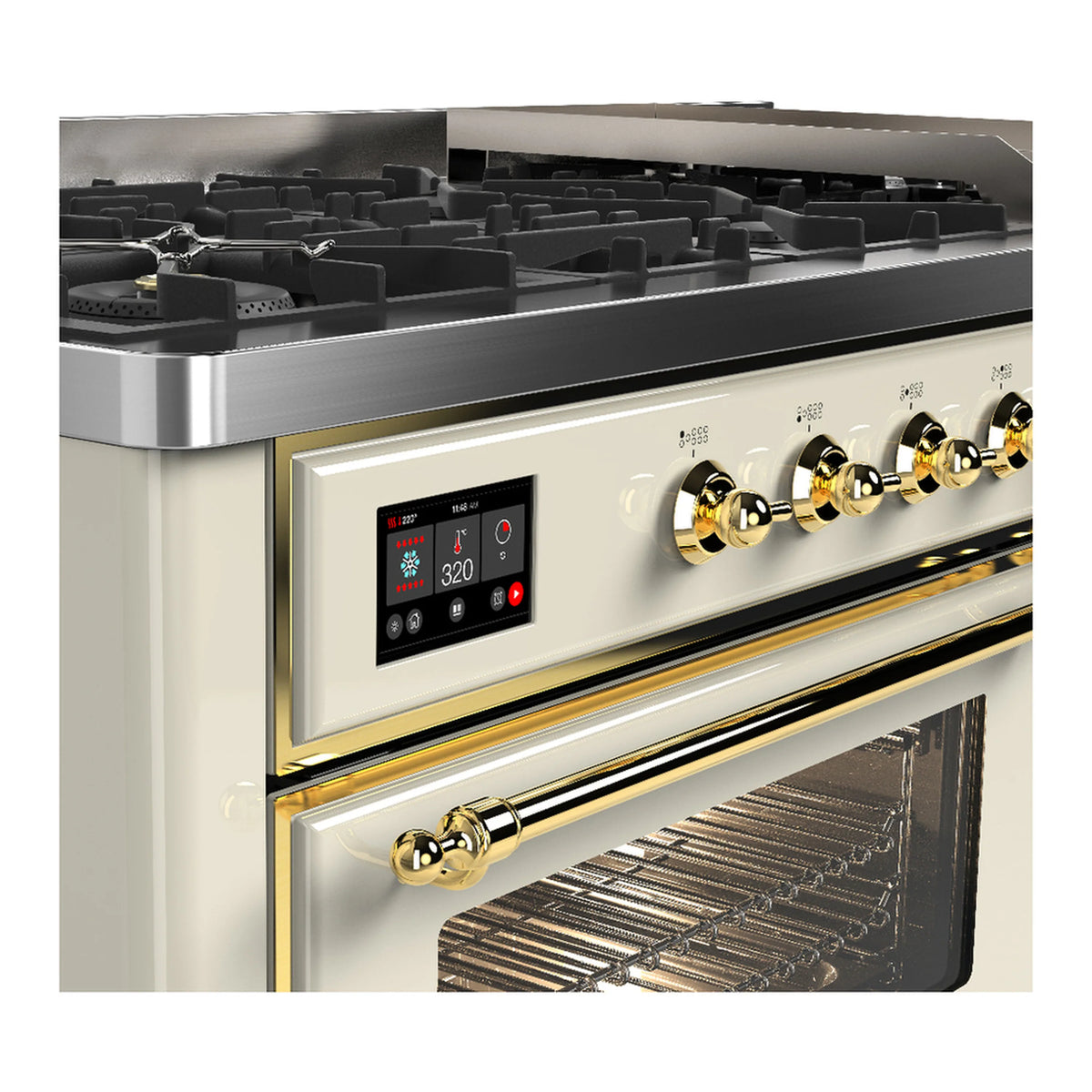 Dual fuel range with antique white body, brass trim, control panel, and open oven door