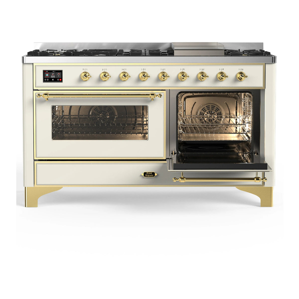 Antique white dual fuel range showing brass-trimmed ovens with racks inside