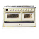 ILVE Majestic III 60-inch Dual Fuel Range with 5 Liquid Propane Burner, Griddle and Triple Glass Door Electric Oven in Antique White with Brass Trim (UM60FNR3AWGLP)