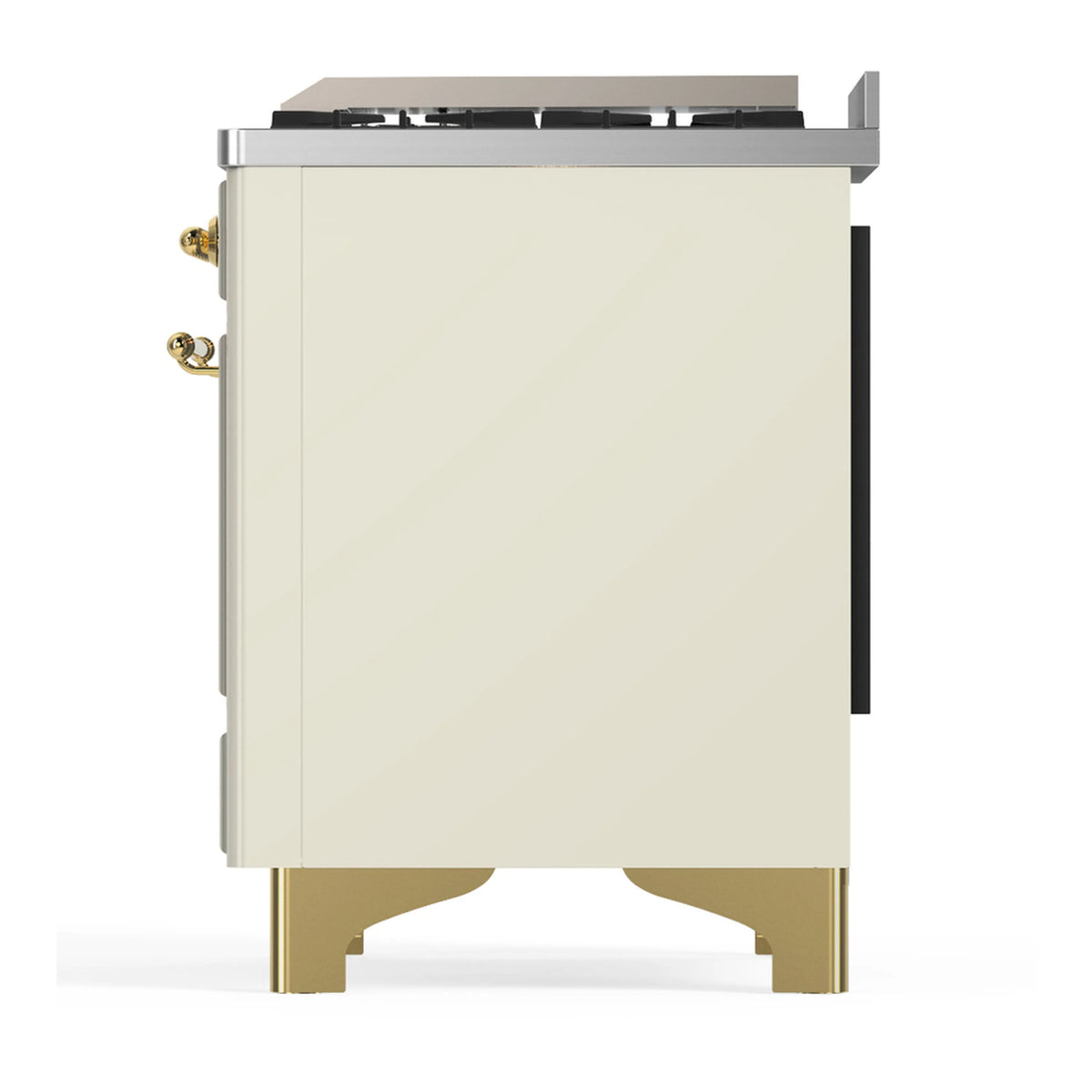 Side view of an antique white dual fuel range with brass legs and handle hardware