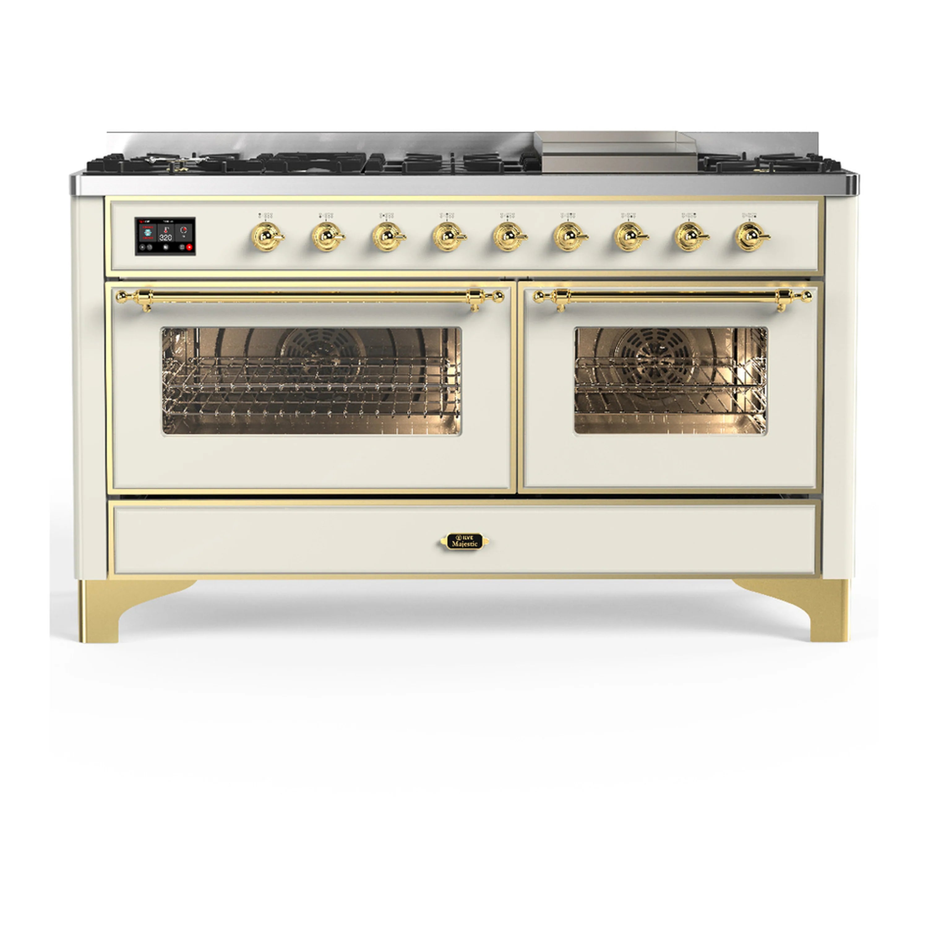 Antique white dual fuel range with brass knobs and two closed oven doors