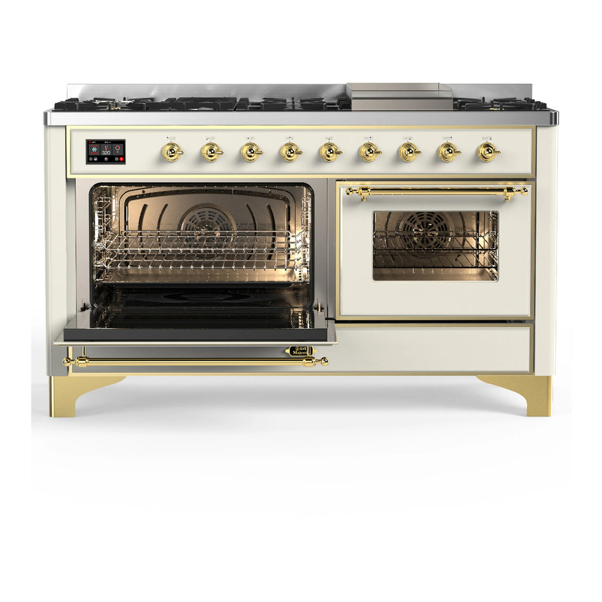 Antique white range with brass trim, burner grates, and oven doors open with racks visible.