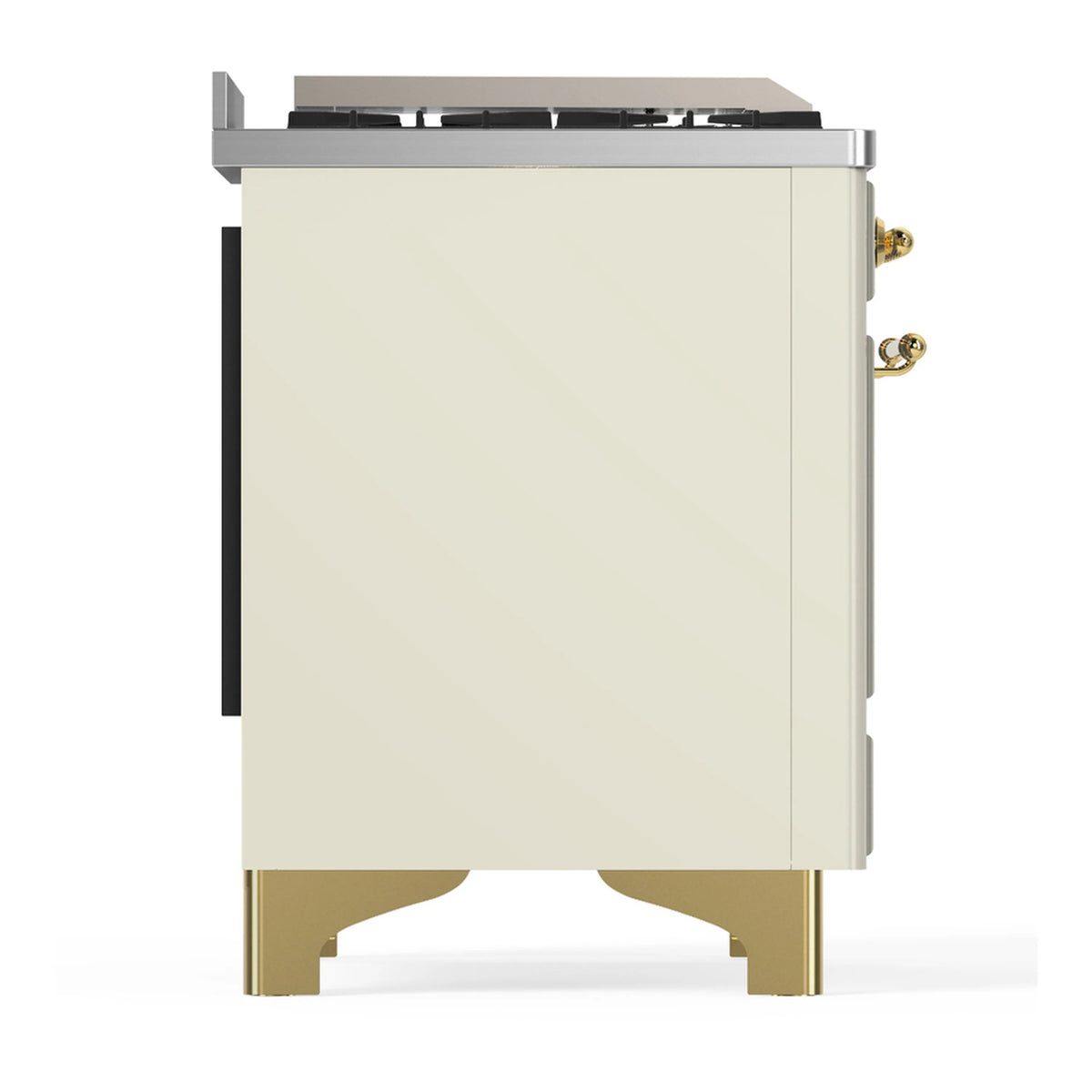 Antique white range side view with brass base supports and vented rear panel.