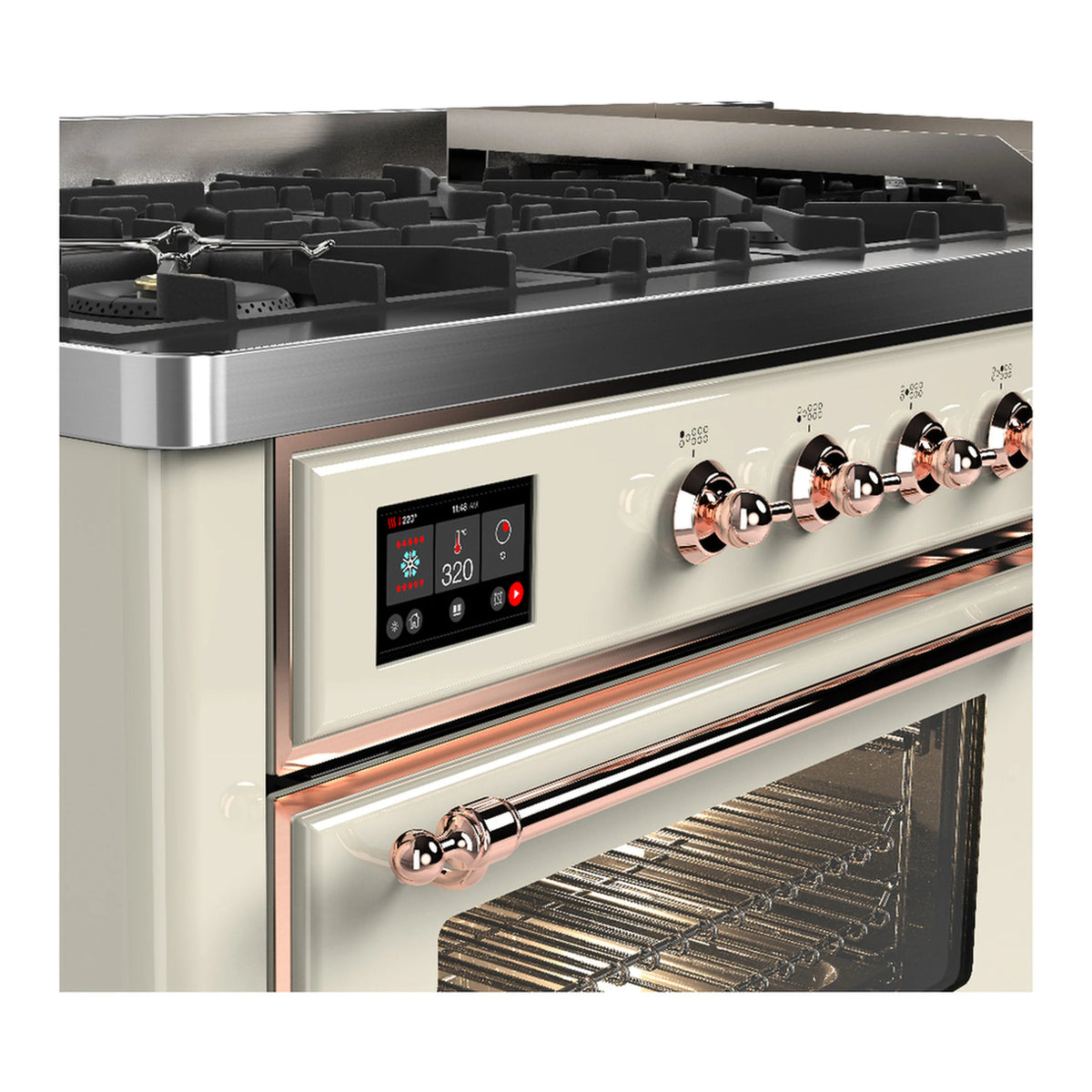 Antique white dual fuel range with copper trim, oven display, and chrome control knobs