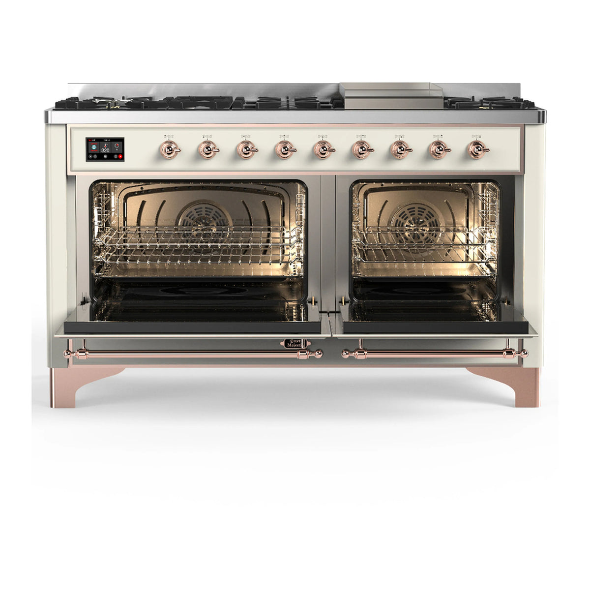 Antique white dual fuel range shown front-open with two oven doors and interior racks