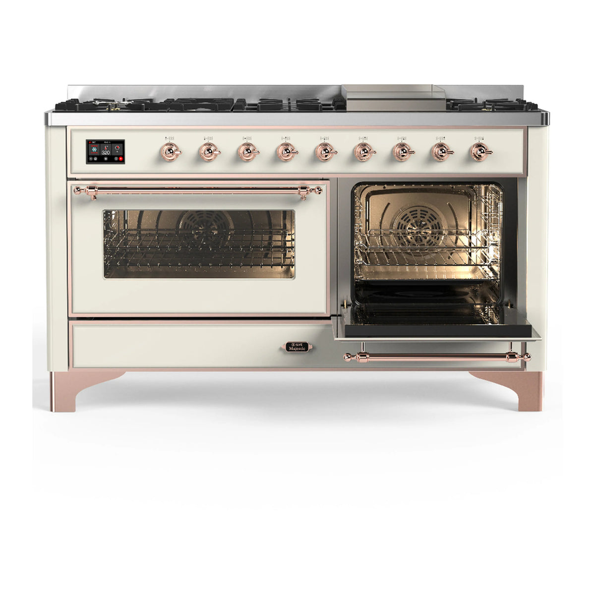 Dual fuel range with antique white doors, left oven open, right oven open, chrome rails