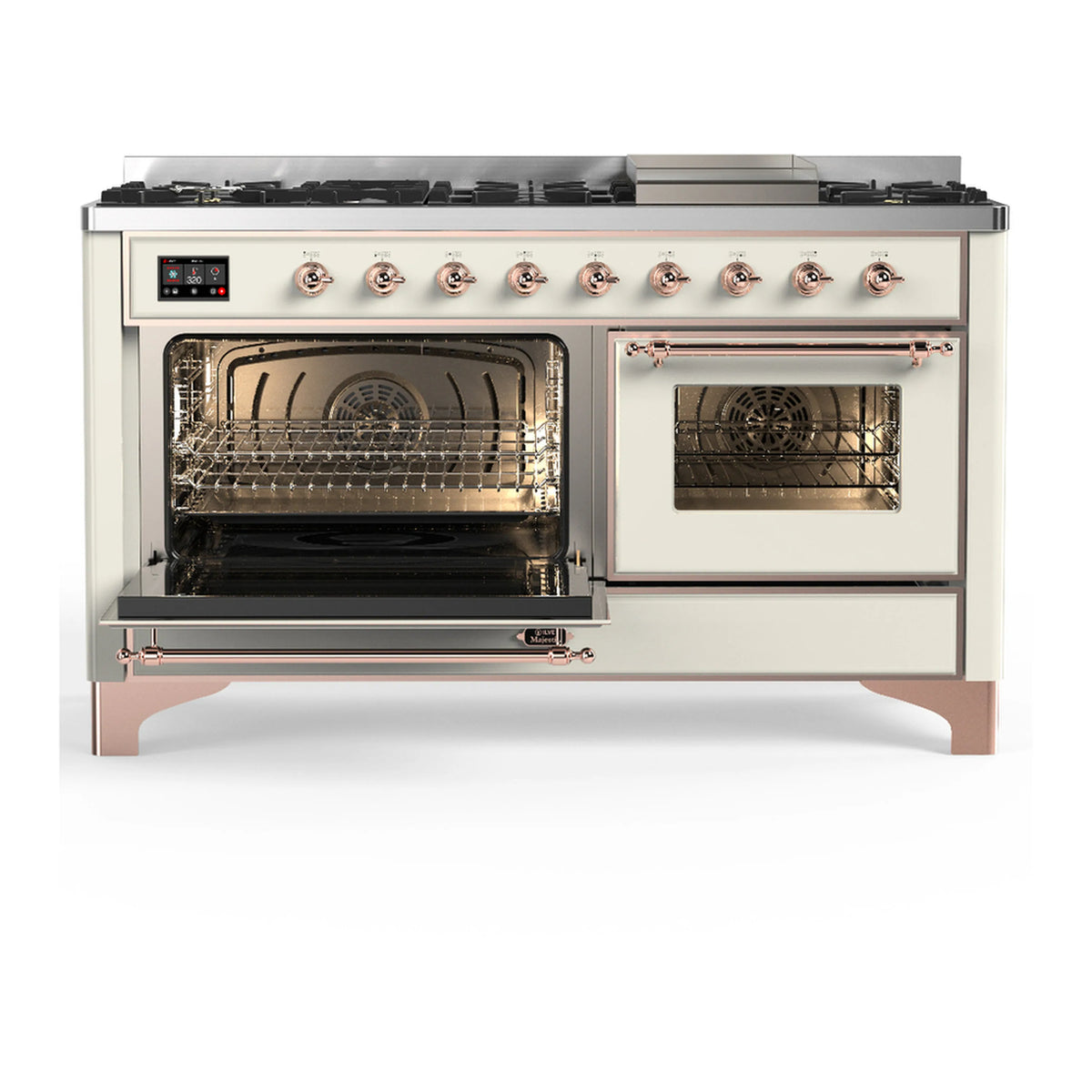 Antique white dual fuel range with one oven open and a second oven door closed