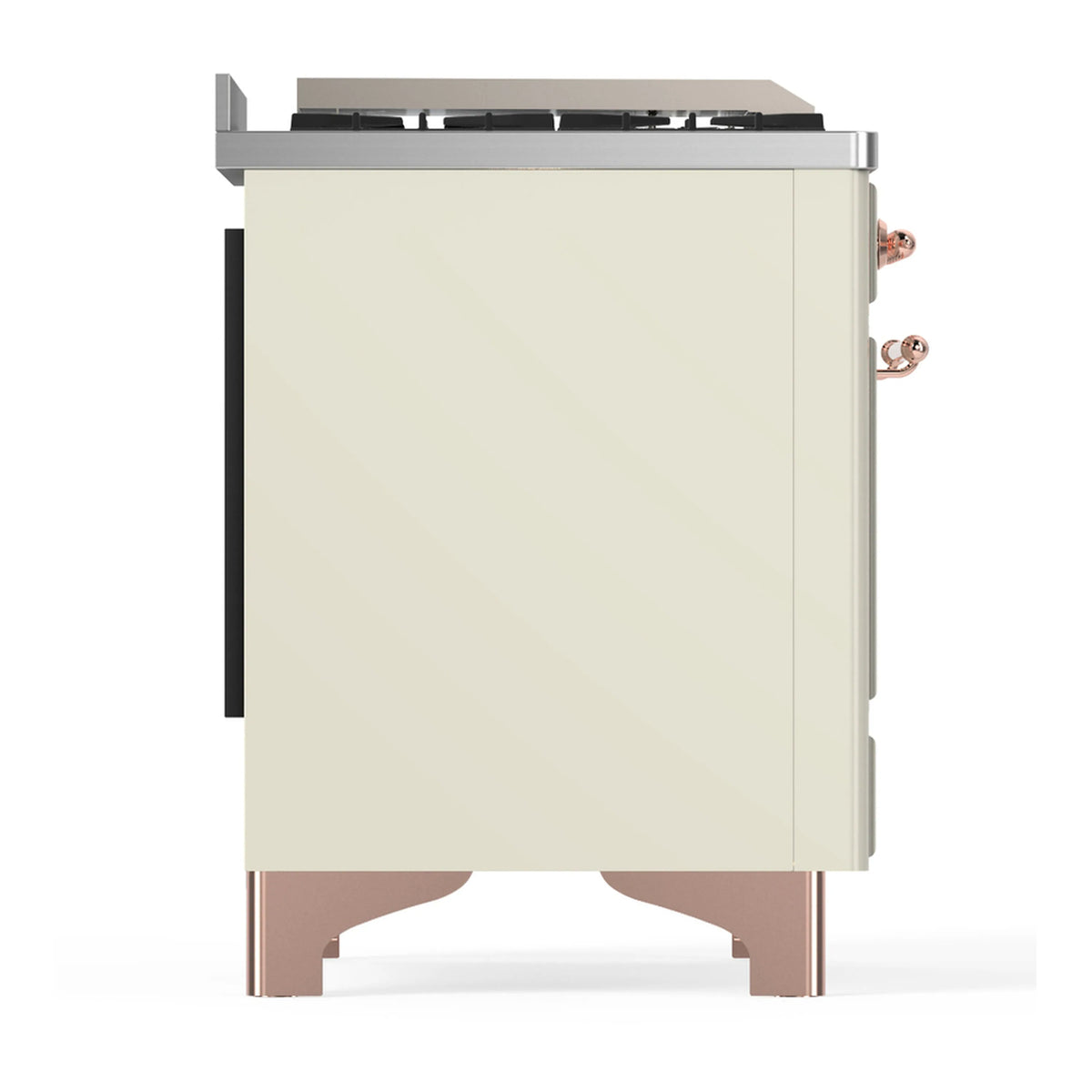 Antique white range side panel with copper-colored legs and stainless trim