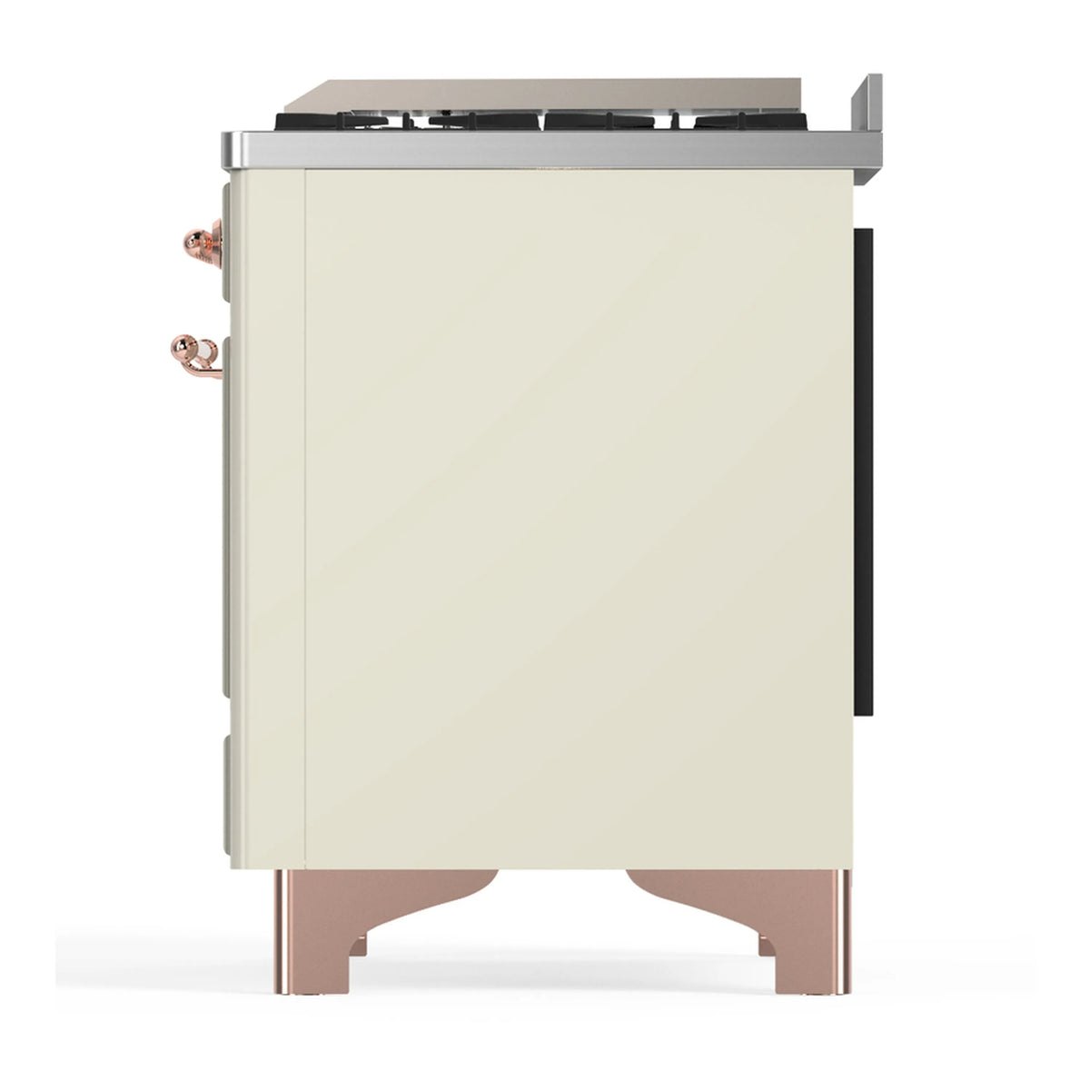 Antique white range back corner view with copper-colored side knobs and legs