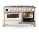 ILVE Majestic III 60-inch Dual Fuel Range with 7 Natural Gas Burner, Griddle and Triple Glass Door Electric Oven in Antique White with Copper Trim (UM60FNR3AWP)
