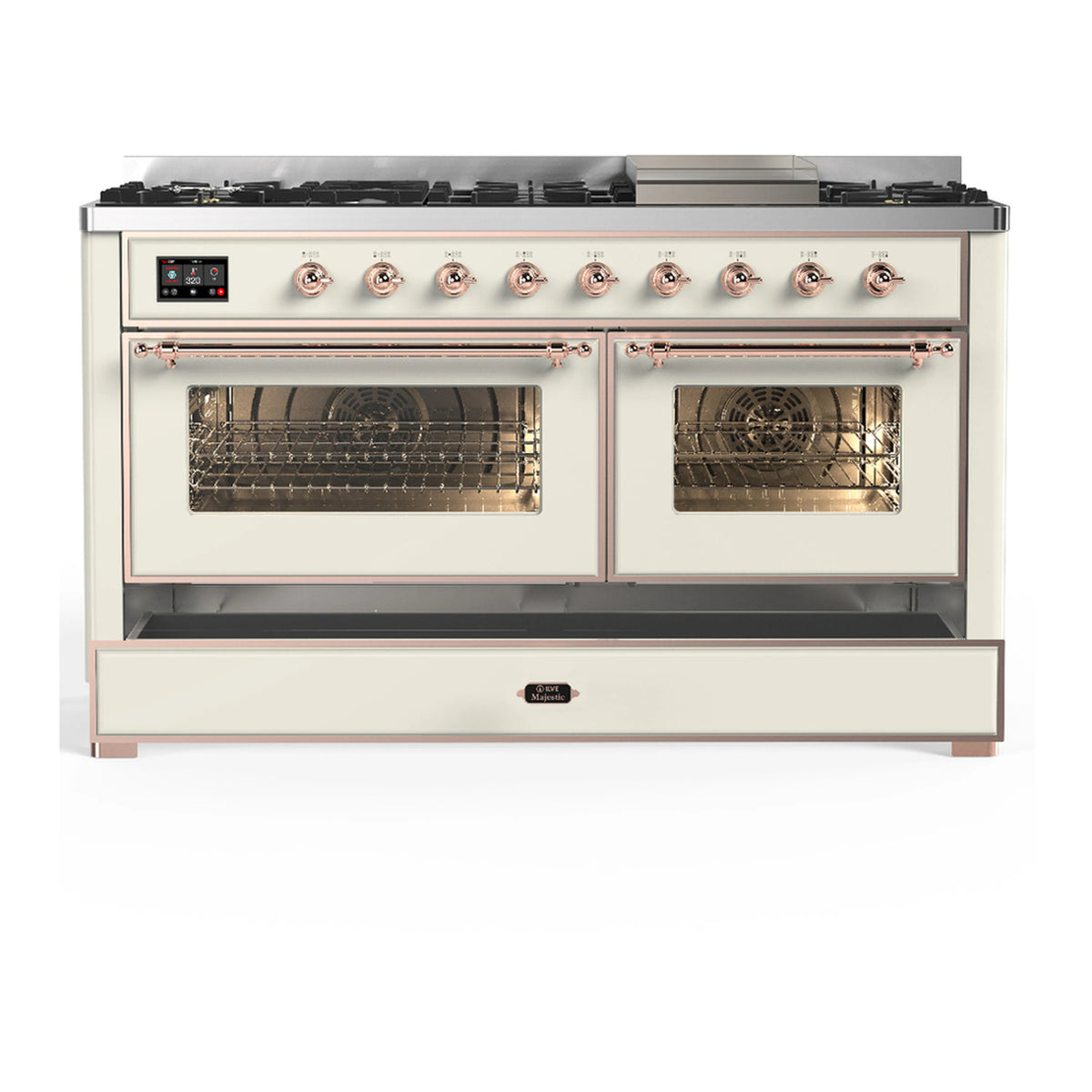 ILVE dual fuel range in antique white with copper trim, oven doors closed with glass windows