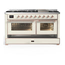 ILVE Majestic III 60-inch Dual Fuel Range with 7 Natural Gas Burner, Griddle and Triple Glass Door Electric Oven in Antique White with Copper Trim (UM60FNR3AWP)