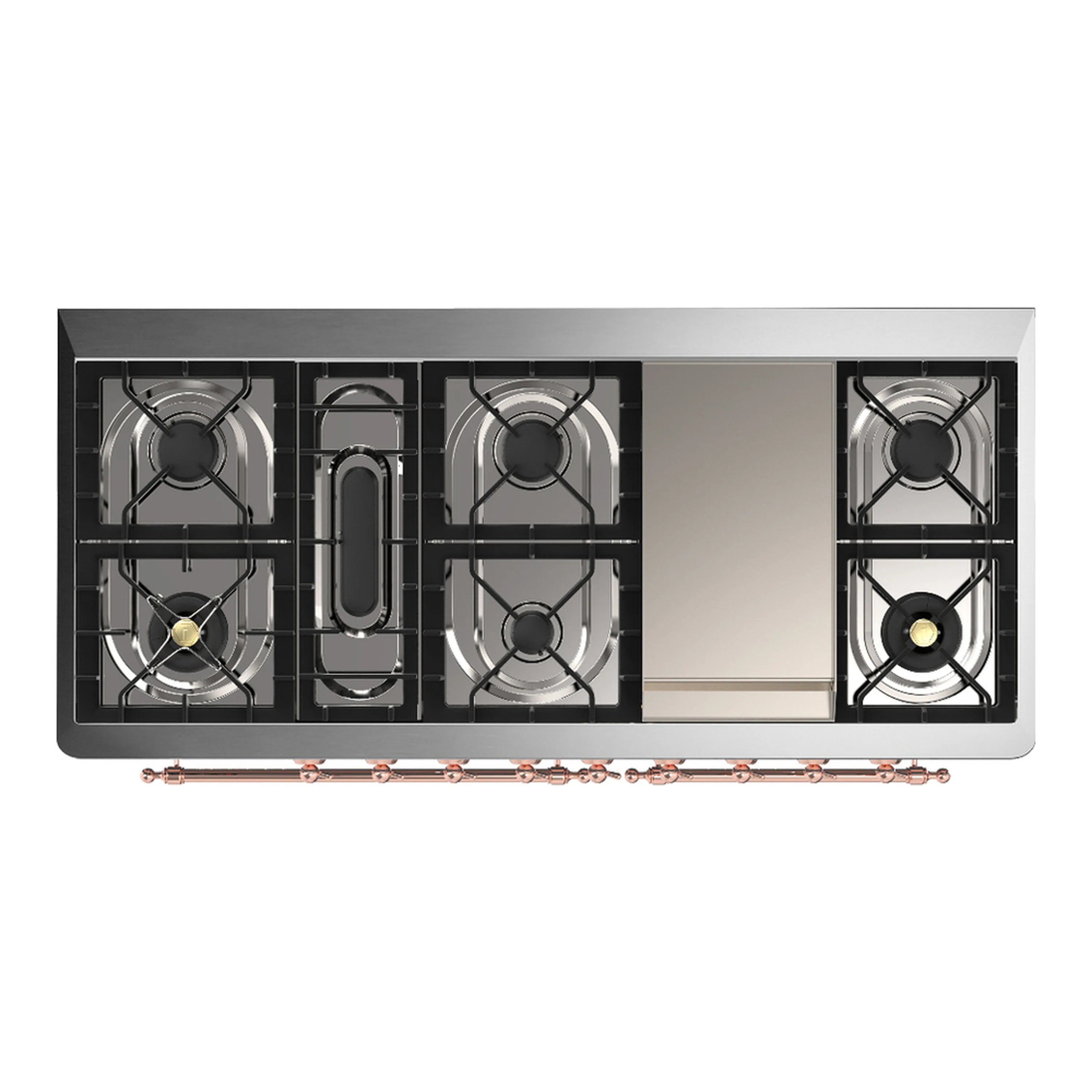 ILVE dual fuel range cooktop with black burner grates and copper gas pipe details