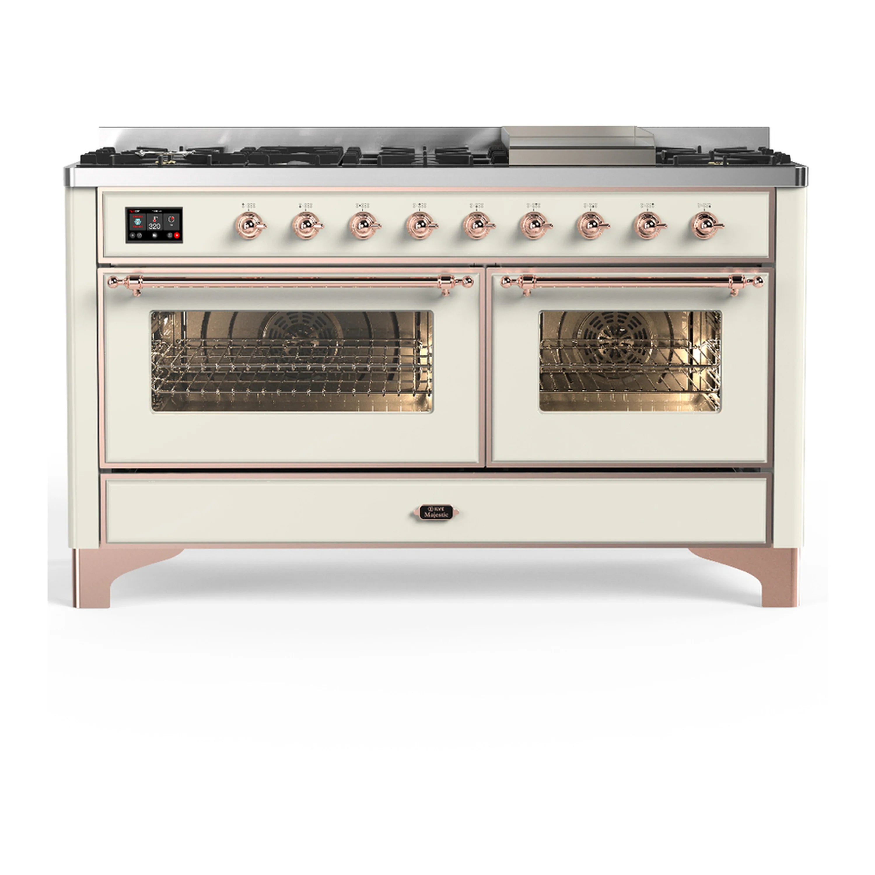 ILVE dual fuel range in antique white with copper trim, front view with both oven doors closed