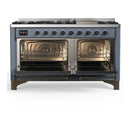 ILVE Majestic III 60-inch Dual Fuel Range with 5 Liquid Propane Burner, Griddle and Triple Glass Door Electric Oven in Blue Grey with Burnished Trim (UM60FNR3BGBLP)