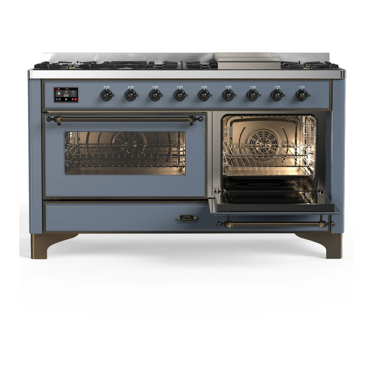 Blue grey dual fuel range with a left oven door open and a right oven door window