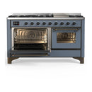 ILVE Majestic III 60-inch Dual Fuel Range with 5 Liquid Propane Burner, Griddle and Triple Glass Door Electric Oven in Blue Grey with Burnished Trim (UM60FNR3BGBLP)