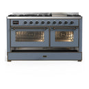 ILVE Majestic III 60-inch Dual Fuel Range with 5 Liquid Propane Burner, Griddle and Triple Glass Door Electric Oven in Blue Grey with Burnished Trim (UM60FNR3BGBLP)