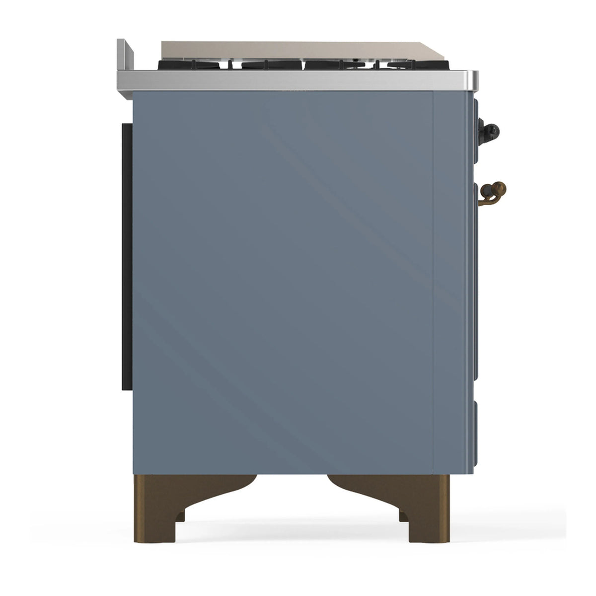 Blue grey dual fuel range rear-side panel with handle hardware and grounded legs