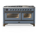 ILVE Majestic III 60-inch Dual Fuel Range with 5 Liquid Propane Burner, Griddle and Triple Glass Door Electric Oven in Blue Grey with Burnished Trim (UM60FNR3BGBLP)