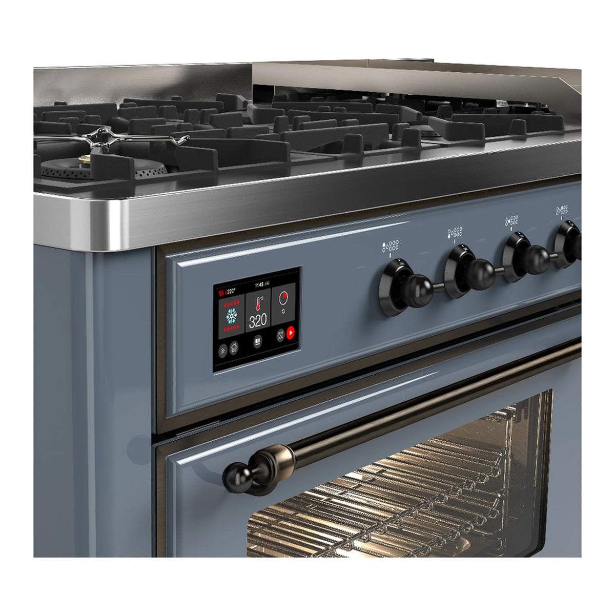 Blue-grey dual fuel range with black burner grates, control panel, and open oven door