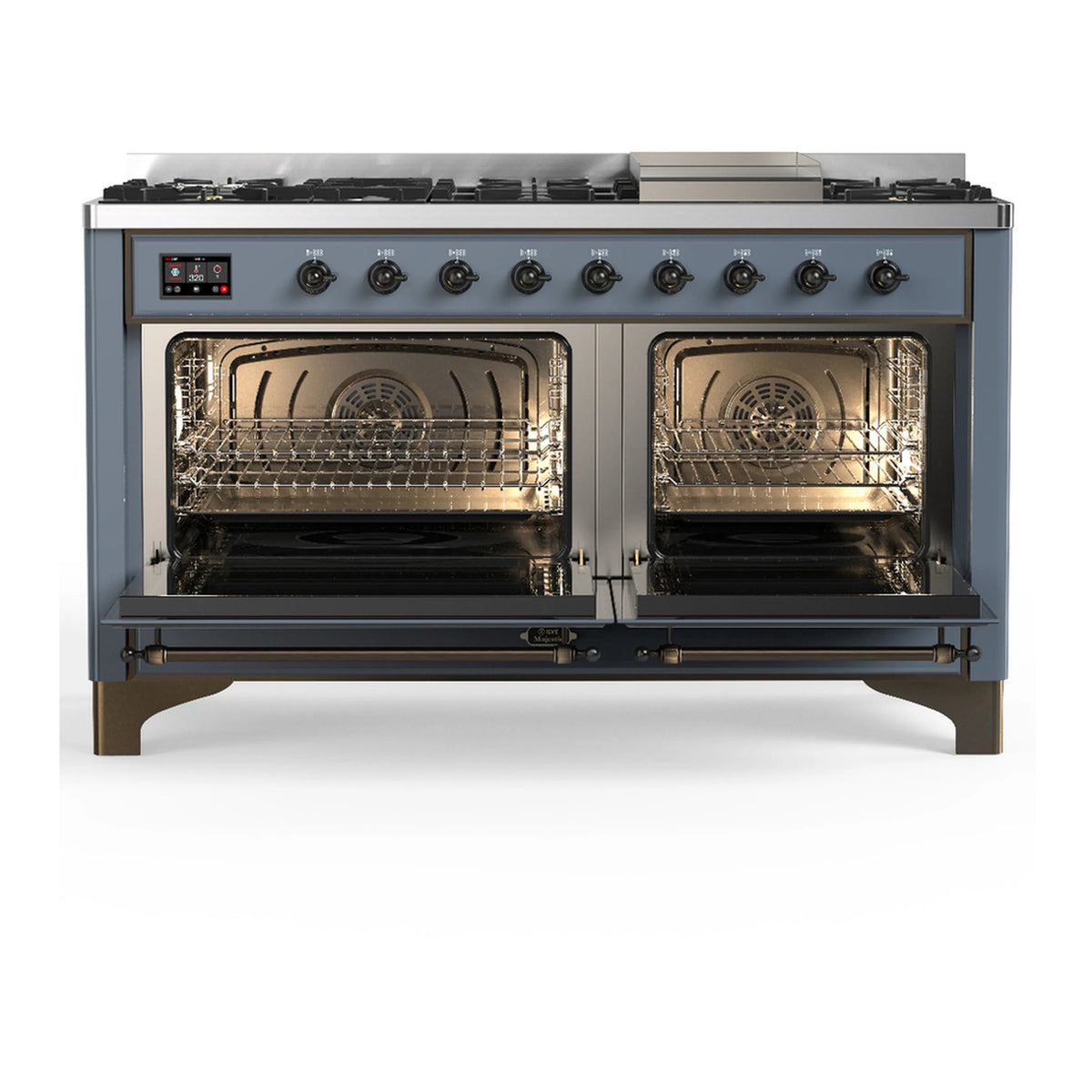Blue-grey dual fuel range with two oven doors open, wire racks, and black control knobs