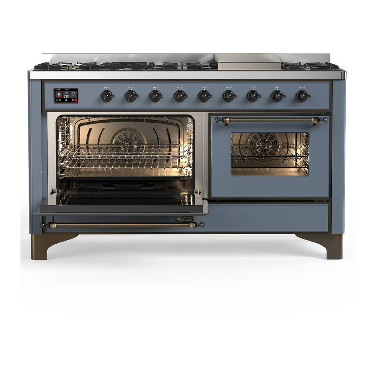 Blue-grey dual fuel range with both oven doors open and visible interior racks