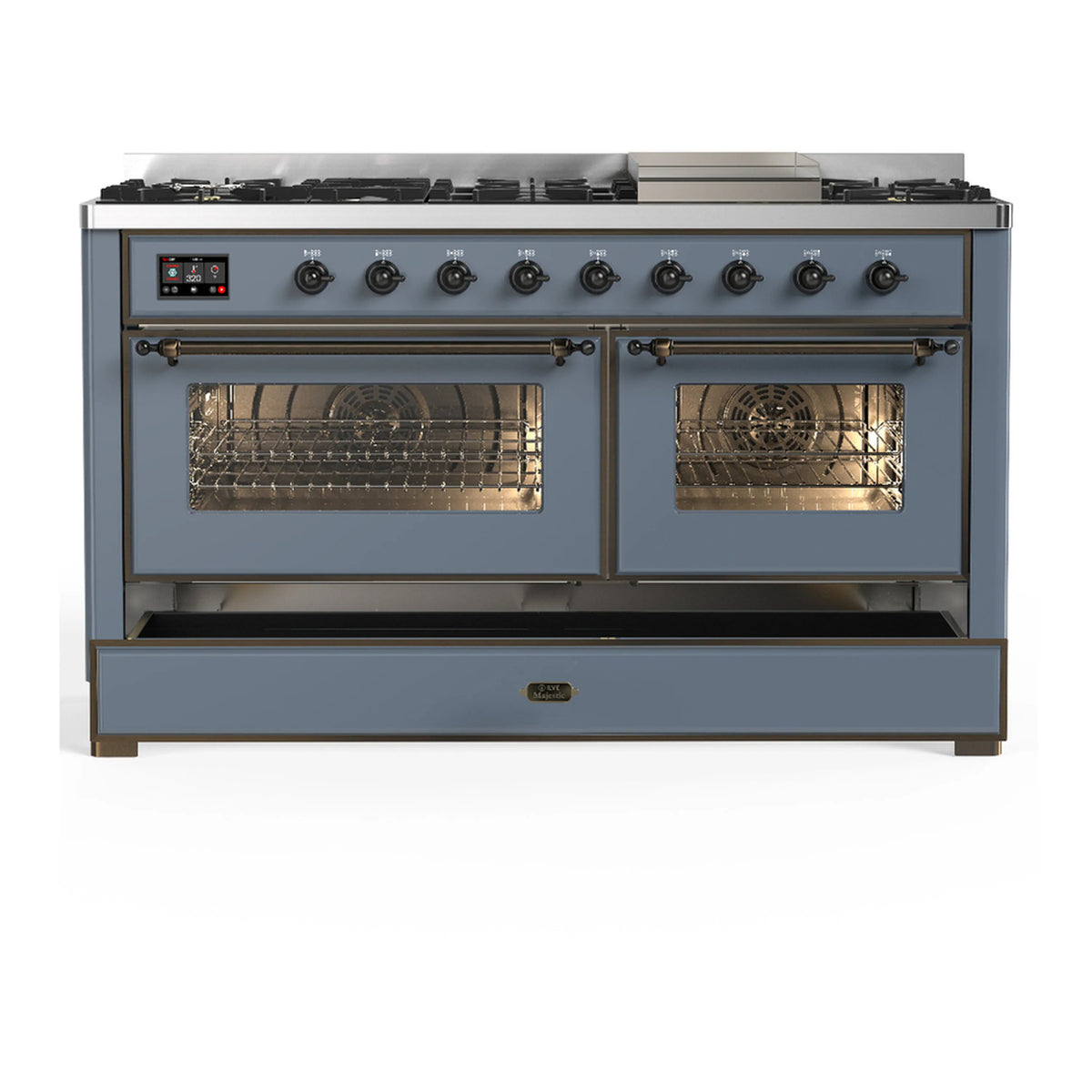 Blue-grey dual fuel range with both oven doors open and two oven interiors visible