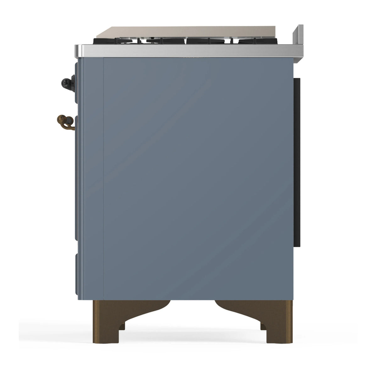 Blue-grey dual fuel range rear side view with dark side handle and bronze feet