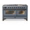 ILVE Majestic III 60-inch Dual Fuel Range with 7 Natural Gas Burner, Griddle and Triple Glass Door Electric Oven in Blue Grey with Burnished Trim (UM60FNR3BGB)