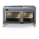 ILVE Majestic III 60-inch Dual Fuel Range with 5 Liquid Propane Burner, Griddle and Triple Glass Door Electric Oven in Blue Grey with Chrome Trim (UM60FNR3BGCLP)