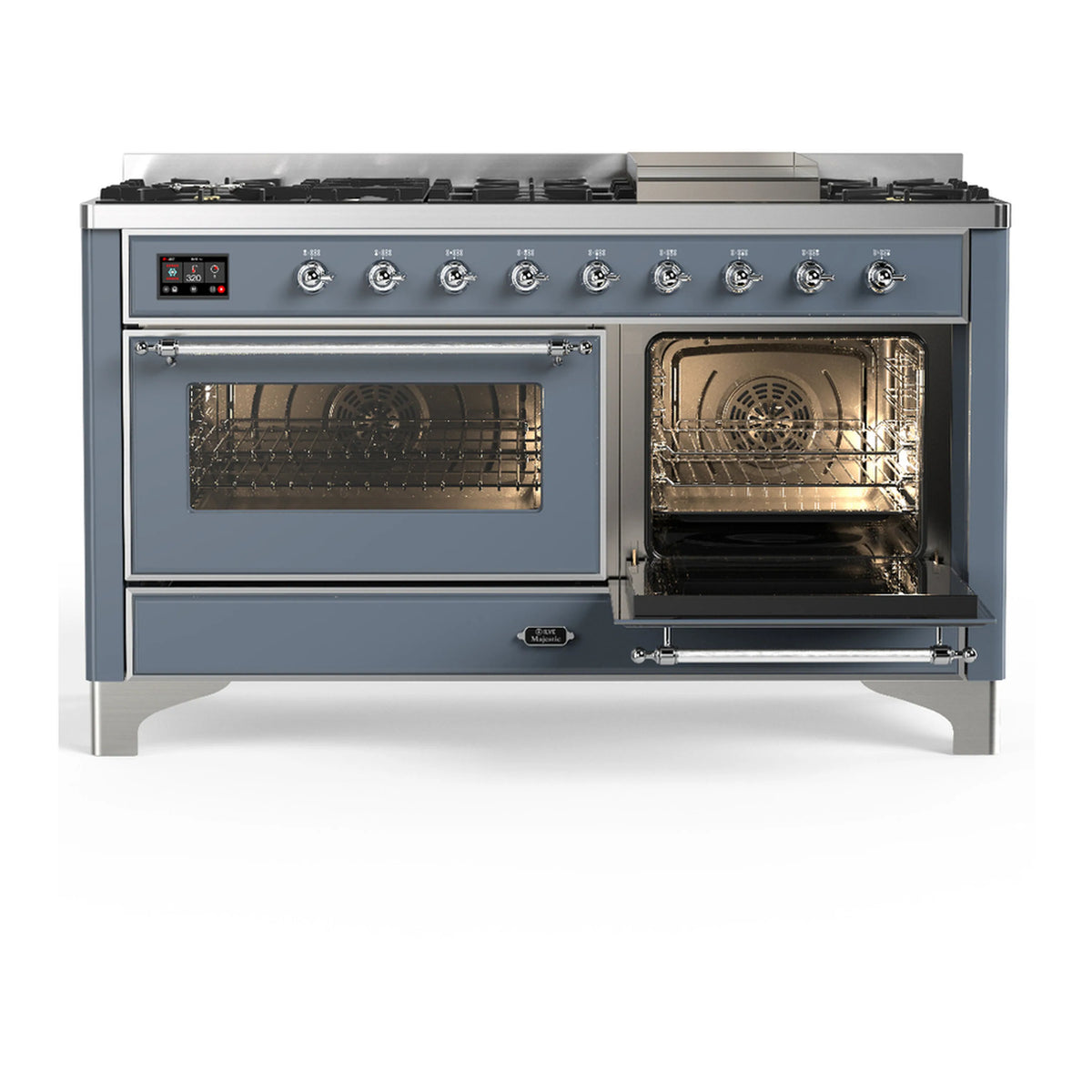 Blue-grey dual fuel range with two open oven doors and visible fan vents