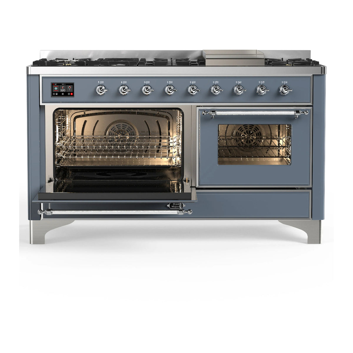 Blue-grey dual fuel range with two open oven doors and chrome trim