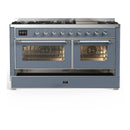 ILVE Majestic III 60-inch Dual Fuel Range with 5 Liquid Propane Burner, Griddle and Triple Glass Door Electric Oven in Blue Grey with Chrome Trim (UM60FNR3BGCLP)