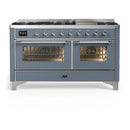 ILVE Majestic III 60-inch Dual Fuel Range with 5 Liquid Propane Burner, Griddle and Triple Glass Door Electric Oven in Blue Grey with Chrome Trim (UM60FNR3BGCLP)