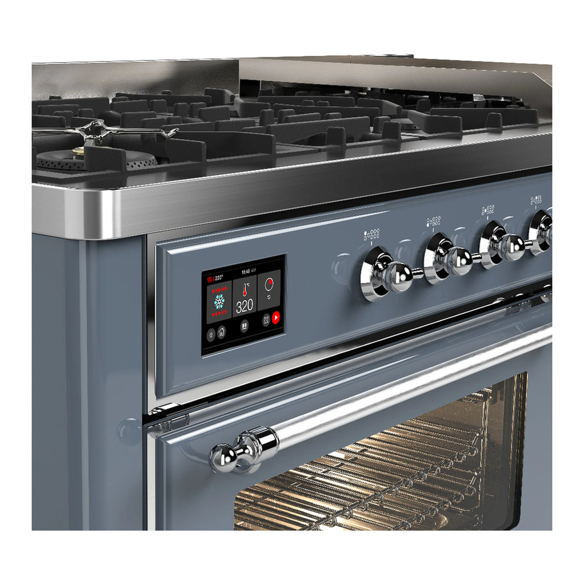 Blue-grey dual fuel range with chrome trim; front knobs, control panel, and open oven