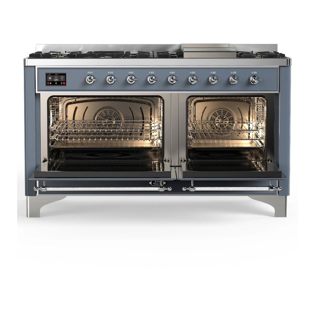 Blue-grey dual fuel range with chrome trim; two open oven compartments with racks