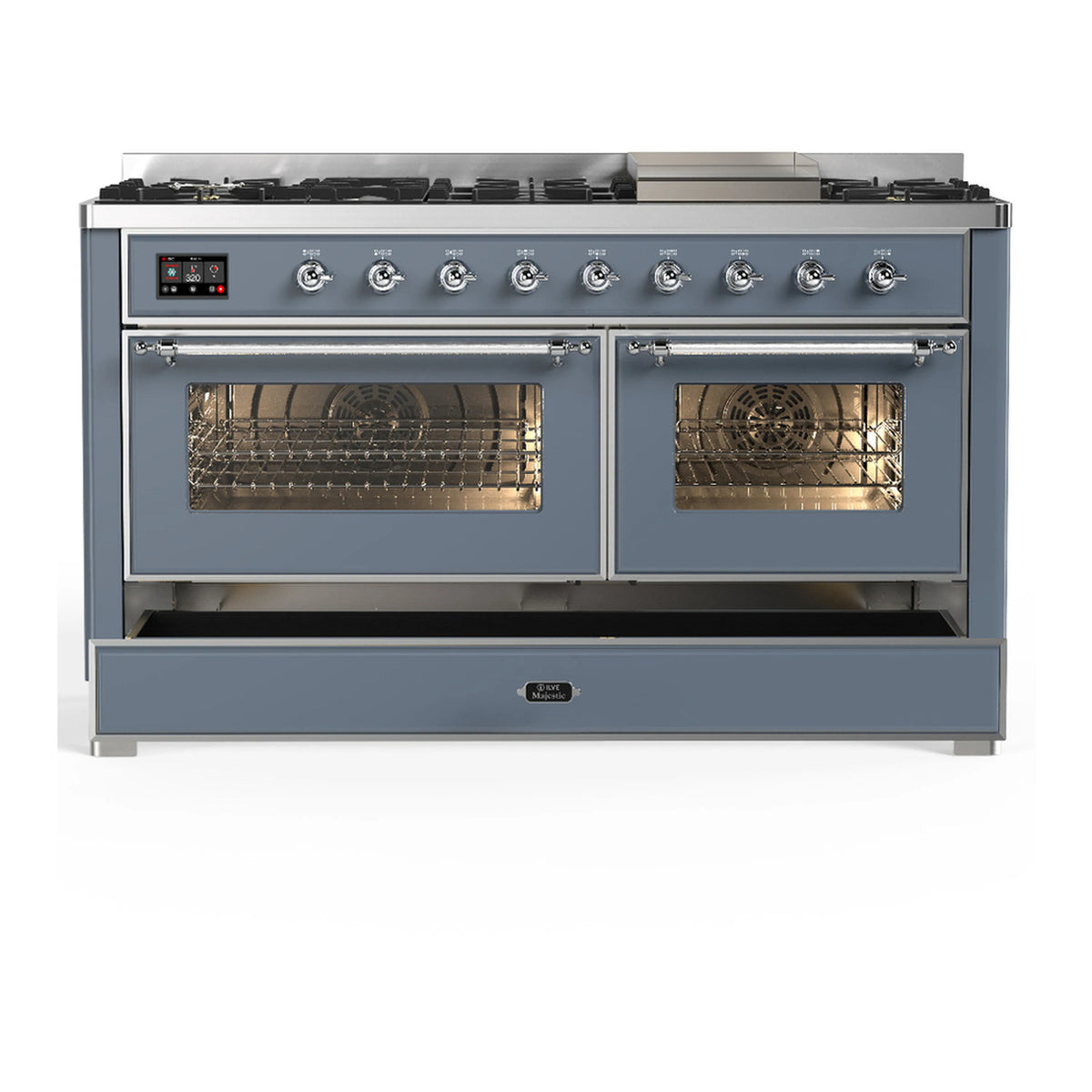 Blue-grey dual fuel range with chrome trim; both oven windows and closed oven doors