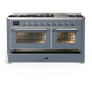ILVE Majestic III 60-inch Dual Fuel Range with 7 Natural Gas Burner, Griddle and Triple Glass Door Electric Oven in Blue Grey with Chrome Trim (UM60FNR3BGC)