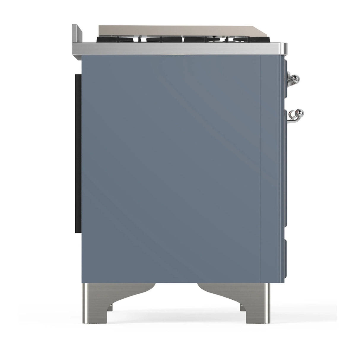 Blue-grey dual fuel range side view with chrome legs and visible control knobs