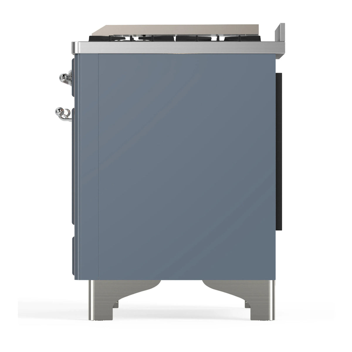Blue-grey dual fuel range rear side view with chrome trim and side handles