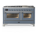 ILVE Majestic III 60-inch Dual Fuel Range with 7 Natural Gas Burner, Griddle and Triple Glass Door Electric Oven in Blue Grey with Chrome Trim (UM60FNR3BGC)